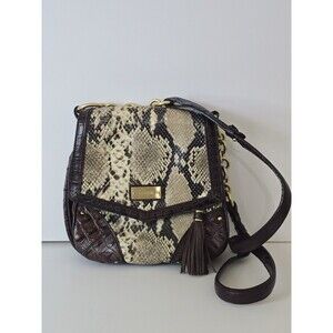 Brahmin Crossbody Bag Flap Snakeskin Brown Leather Gold Chain